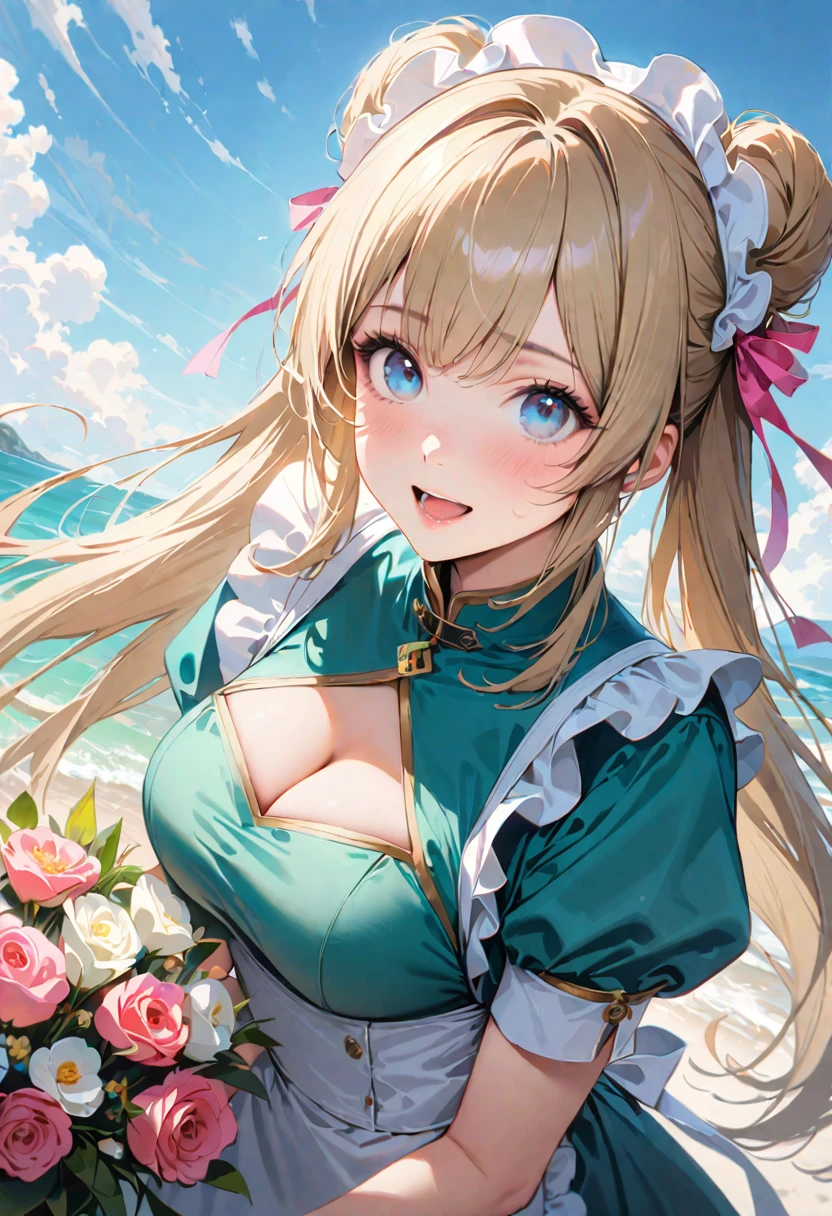30 years old,1 mature woman,hyperrealistic, 8k, (extremely detailed 8k), (very delicate and beautiful), (masterpiece), (better quality:1.0), (ultra high resolution:1.0), (masterpiece, best quality), cute,blonde,cleavage cutout,(broen dress:1.3),gleaming skin,twintails,twin bun,a pink ribbon on the head,long hair,pastel green chinese maid dress,pastel green chinese dress,white long gloves,hold a bouquet of flowers,face and body straight at the camera,a bunch of flowers,POV,bust shot,white frill,puffy sleeves,laugh with open mouth,tareme,sky blue eyes,short truffle half apron,a gold buckle around someones neck,white corset