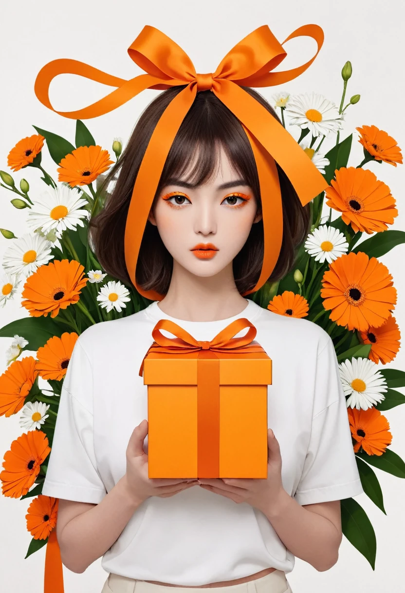 poster design，The face is a giant orange gift box，Flowers，Ribbon，White crewneck shirt，fantasy，Minimalism，fantasy，in style of Hayv Kahraman