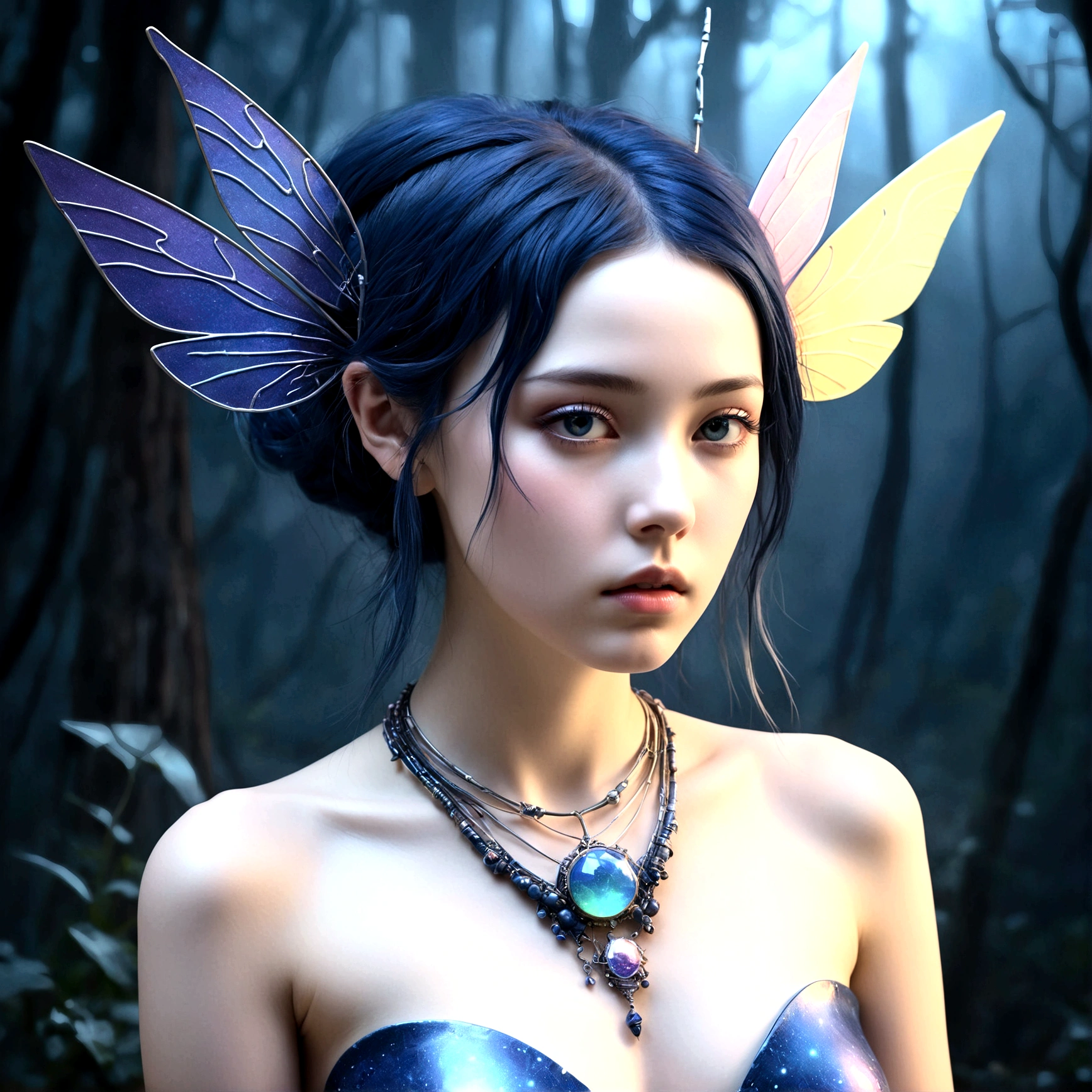 A fascinating digital painting captures the essence of mystical fairies, with porcelain skin and strong spots, which form a striking contrast. Breathtaking 3D playback, I have space in my head, thin, bright multi-colored dots, minimalist drawing, expressive rainbow RGB colors, A masterpiece of digital art, Nice, colourful, surreal, Gloomy fantasy,  conceptual art, Ukiyo-e create a post-apocalyptic, futuristic atmosphere, which contrasts with the dreamy atmosphere of the scene. The fascinating details and the captivating composition take the viewer into a mystical world,. The harmony of the twilight and midnight blue tones in the background creates a magical and enchanting aura. Wire structures and disco-core fashion elements evoke a post-apocalyptic, futuristic atmosphere hervor, while the creature’s hyper-realistic details draw the viewer into its captivating, mystical world.