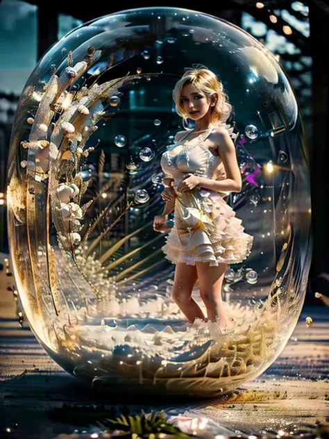 21 year old woman, blonde, sexly, linda, short dress, Inside a soap bubble, huge soap bubble, woman inside a soap bubble floatin...