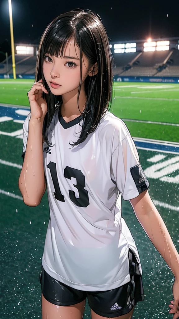 ((13-year-old girl, Very slim)), rain, heavy rain, Black Hair, Bobcut, Football Stadium, (Soccer uniforms, White, Wet Hair, Wet Skin, Wet clothes)