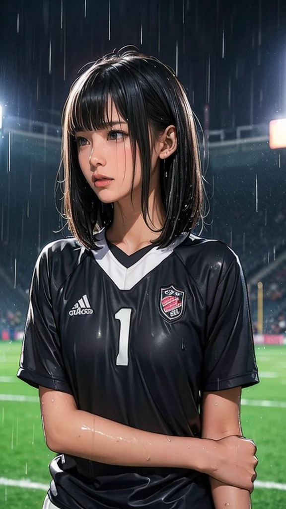 ((13-year-old girl, Very slim)), rain, heavy rain, Black Hair, Bobcut, Football Stadium, (Soccer uniforms, White, Wet Hair, Wet Skin, Wet clothes)