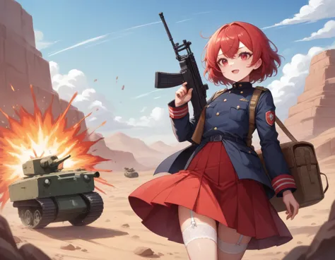 small breasts、a platoon of girls in bright red military uniforms and long red skirts、red military uniform and red long skirt、pan...