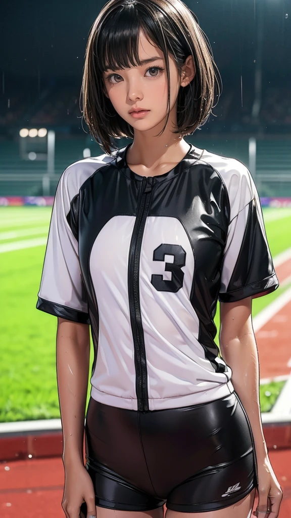 ((13-year-old girl, Very slim)), rain, heavy rain, Black Hair, Bobcut, Athletics Stadium, (Track and field uniforms, White, Wet Hair, Wet Skin, Wet clothes)