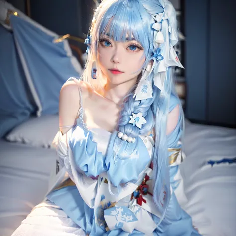there is a woman with long blue hair sitting on a bed, anime girl cosplay, anime cosplay, pale milky white porcelain skin, with ...