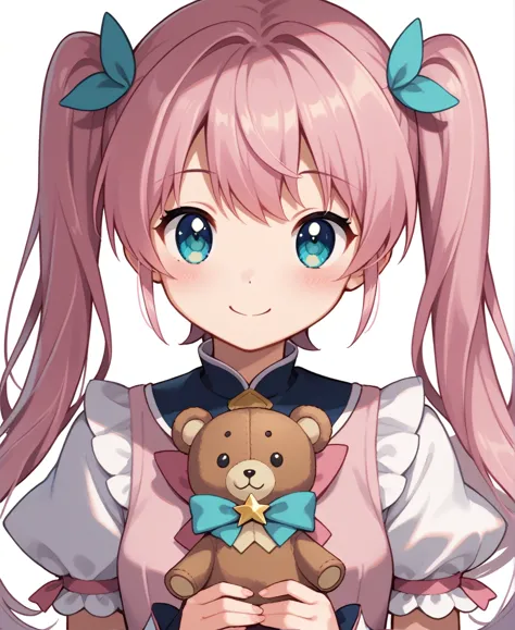 holding a pink teddy bear、anime girl with pink hair and blue eyes, magical girl portrait, pink pigtails and cyan eyes, cute real...