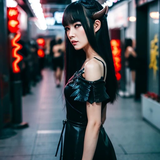 1 female demon, Japanese, Asian eyes, horned, ultra-detailed face and eyes, hyper-realistic, realistic depiction, 30 years old, wearing a long black dress, she is walking through hell, winged demons can be seen behind her, full body view