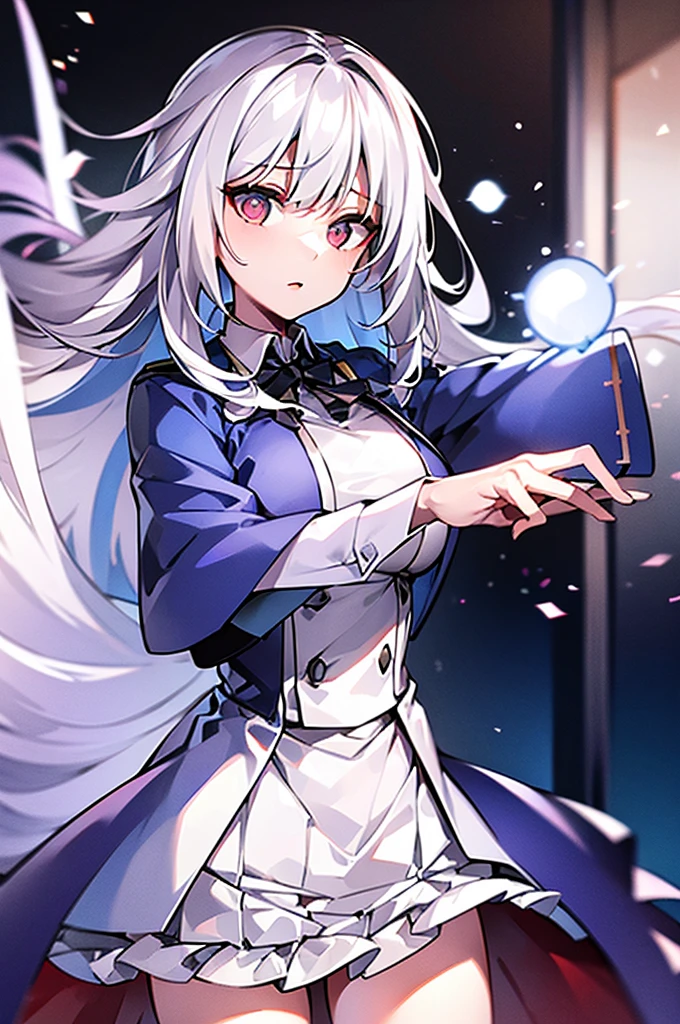 1 woman, uniform, white hair, magic powers