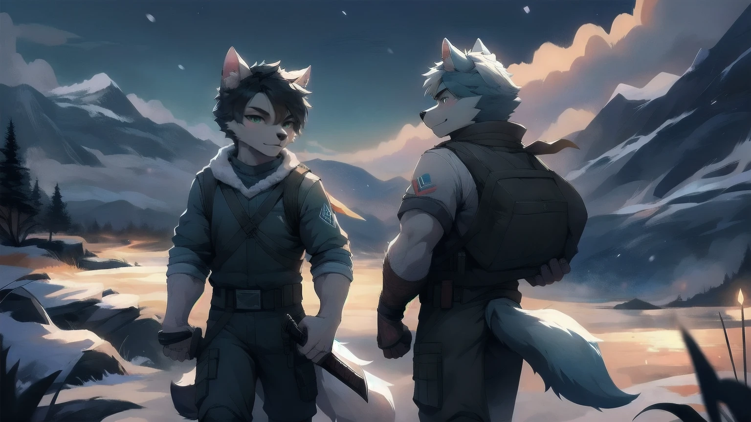 White Wolf，male，juvenile，black hair，Sky blue eyes，hairy，hairy脸，Wolf ears，Wolf Tail，arm，White top，Black pants，Combat uniform，Snow Mountain，Snowy Night，snow，walk，bust，With a long knife on his back，The handle is exposed，Hand clenched into fist，the climb，A firm look，Confident expression