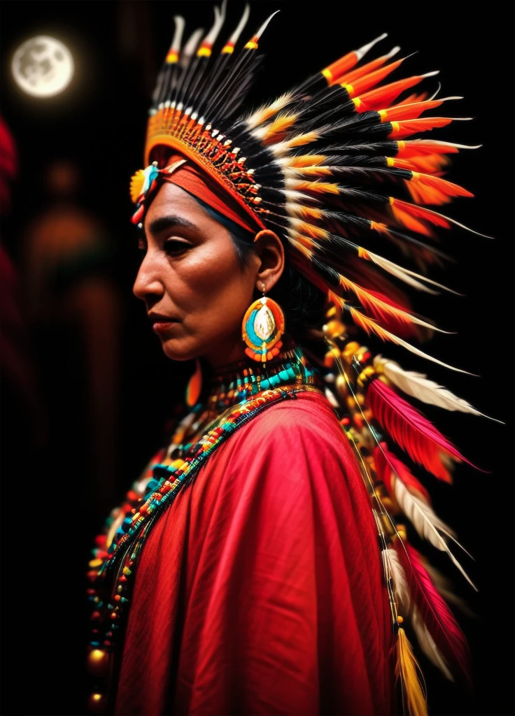 Belle femme indienne Cherokee avec de belles coiffes couleur terre cuite, noir, doré, cuivre, perle, blanc et beige, plumes faites de néon brillant de différentes couleurs, fusées éclairantes devant la caméra, bokeh, nuit de pleine lune
