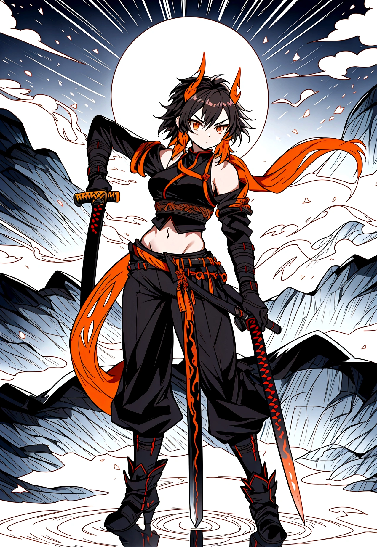 A warrior woman inspired by "Demon Slayer" wears a stylish and powerful Hashira uniform. She wears a black top that reveals her toned stomach, paired with fitted black pants. Black kimono has tips adorned with a gradient of flames, from yellow to orange. She has medium hair, loose and curled, emoldurando seu rosto. His dark brown eyes exude determination and wisdom.. She holds a katana tightly, and around you, there is an aura of dancing flames, reflecting its intense presence. The scenery is dramatic, with a full moon in the sky. shoulders showing, tight-fitting glove up to the forearm
