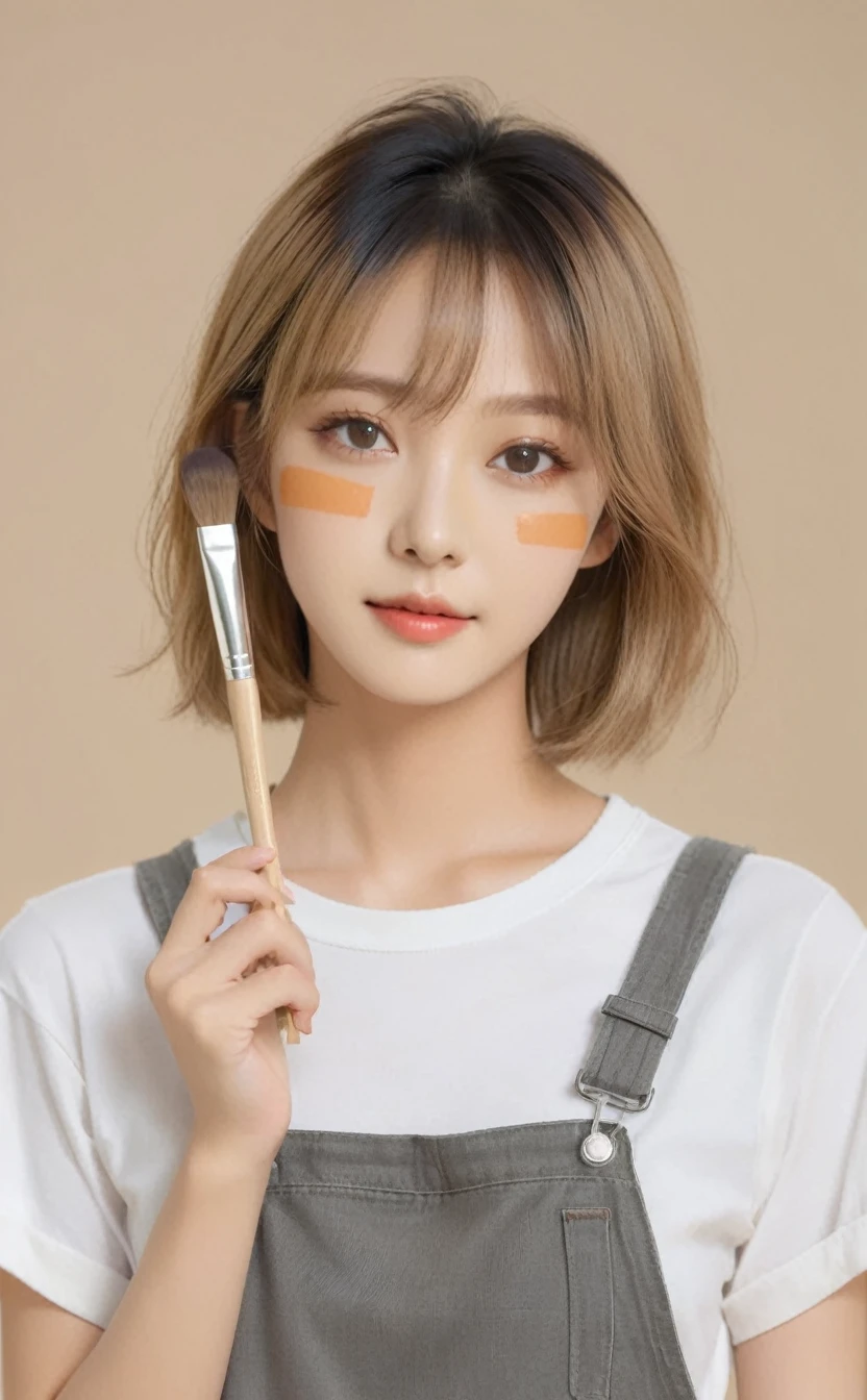 Realistic,Portrait of a young Korean idol girl with beautiful eyes,Upper Body,Cute blonde Korean bob,indoor,View your viewers,Simple beige background,可愛いsmile,,Dark grey tight T-shirt,Beige overalls,Paint on face,Holding a brush in your right hand,Popular Korean makeup,smile,photoRealistic,