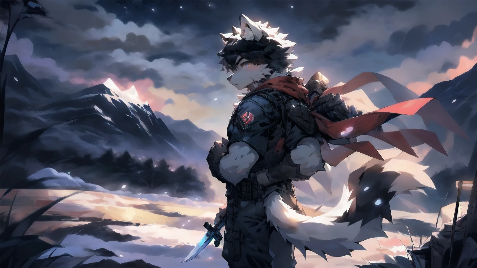 White Wolf，male，juvenile，black hair，Sky blue eyes，hairy，hairy脸，Wolf ears，Wolf Tail，arm，White top，Black pants，Combat uniform，Snow Mountain，Snowy Night，snow，walk，bust，With a long knife on his back，The handle is exposed，Hand clenched into fist，the climb，A firm look，Confident expression
