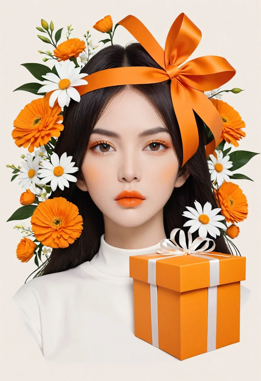 포스터 디자인，얼굴은 거대한 주황색 선물 상자입니다.，꽃들，리본，화이트 크루넥 셔츠，공상，미니멀리즘，공상，Hayv Kahraman 스타일로
