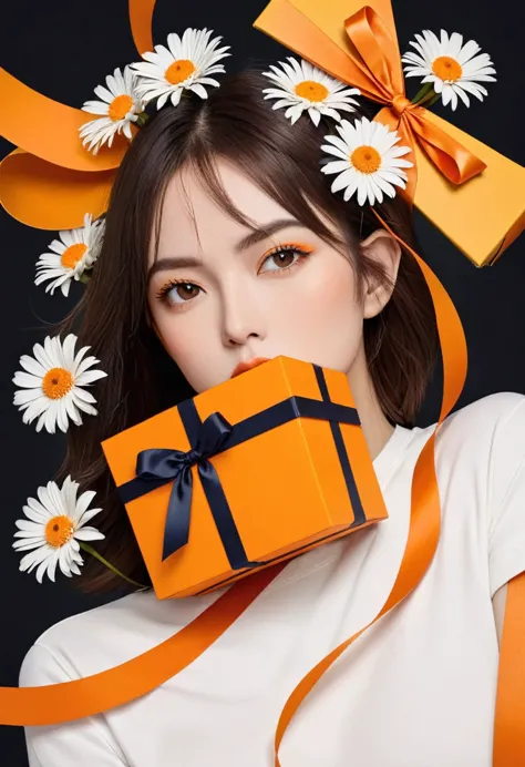 poster design，The face is a giant orange gift box，Flowers，Ribbon，White crewneck shirt，fantasy，Minimalism，fantasy，in style of Hay...