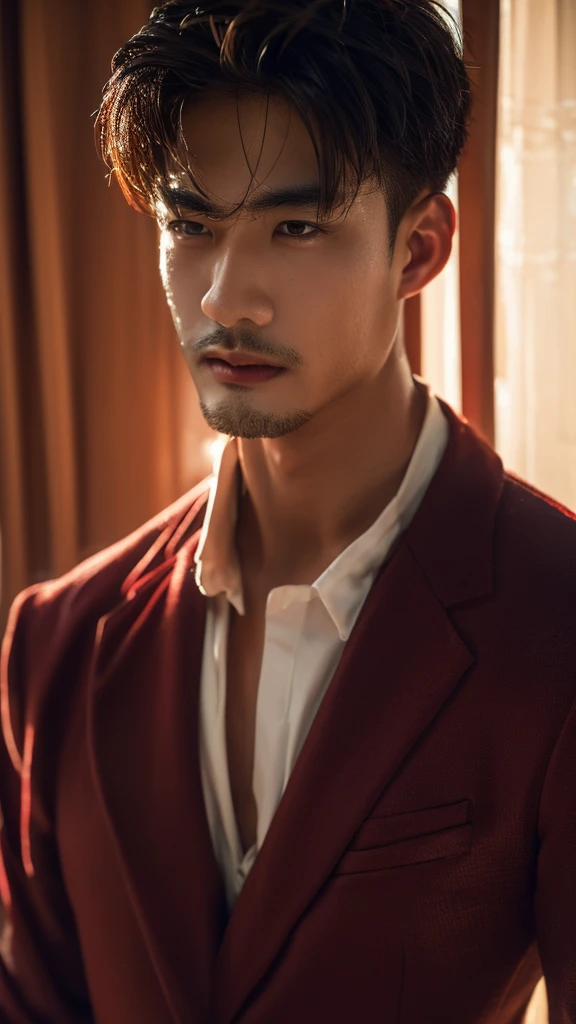 Asian man wearing a maroon suit,Anatomically correct, detailed skin, (detailed face), Very detailed and delicate eyes, Clean and shiny lips, (Very detailed:1.3), (best quality:1.3), (Masterpiece, 8K:1.3), (realistic:1.3), natural light