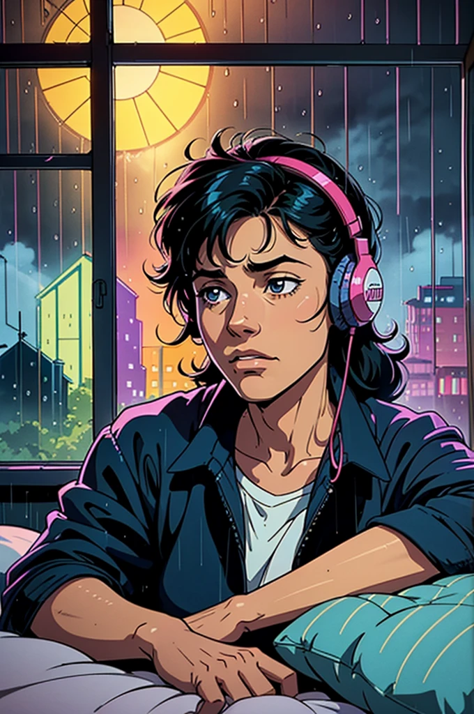 supper: A young character lying in his bed, Listening to music on headphones. The fourth, decorated in 80s retro style, It has a large glass window through which intense rain can be seen. Drops run down the window, creating a melancholic and nostalgic environment.

visual style: 80s anime, with distinctive strokes and vibrant colors. The lighting inside the room is soft, contrasting with the rainy weather outside.

atmosphere: Peace and introspection, highlighting the character&#39;s emotional connection to the music and the comfort of his personal space.

Important Details: Subtle facial expressions to convey emotion. The rain on the window should be detailed to emphasize the serenity of the scene.

