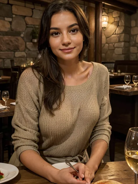 In a gourmet restaurant in Italy, a young woman sits at a table, a slight smile on her lips as she looks at the camera. In front...