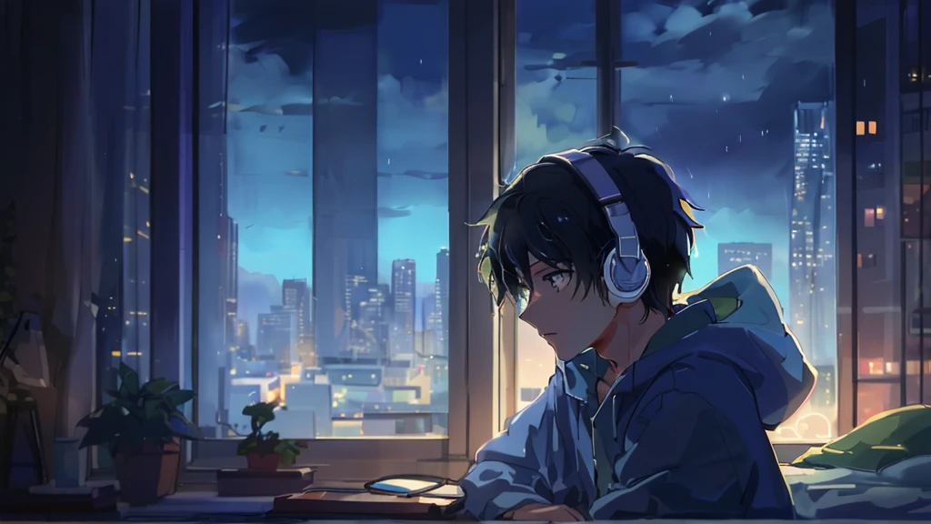 supper: A young character lying in his bed, Listening to music on headphones. The fourth, decorated in 80s retro style, It has a large glass window through which intense rain can be seen. Drops run down the window, creating a melancholic and nostalgic environment.
visual style: 80s anime, with distinctive strokes and vibrant colors. The lighting inside the room is soft, contrasting with the rainy weather outside. 4K, focus on the rain in the window

