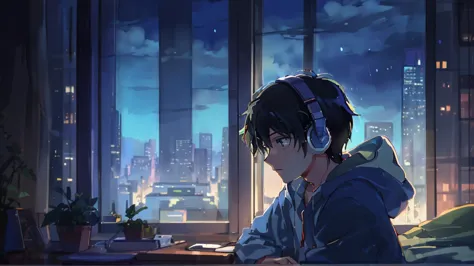 supper: A young character lying in his bed, Listening to music on headphones. The fourth, decorated in 80s retro style, It has a...