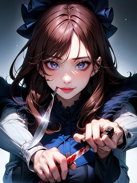 Unpleasant smile of a girl who loves knive、Psychopath horror, brown hair,blue eye, big lips, blood on face, ((holding knife)), j...