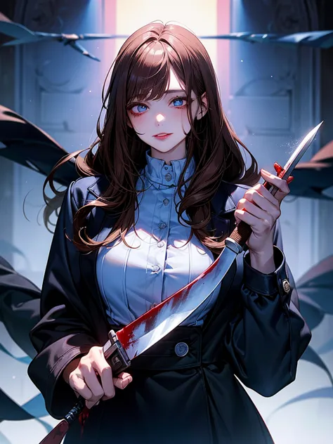 Unpleasant smile of a girl who loves knive、Psychopath horror, brown hair,blue eye, big lips, blood on face, ((holding knife)), j...