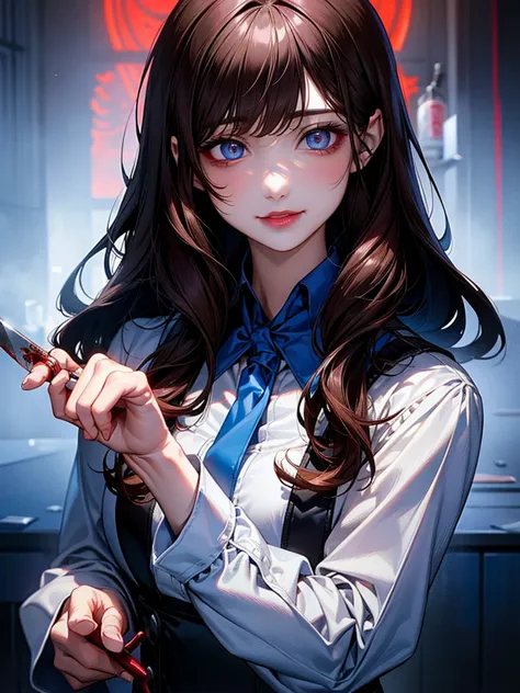 Unpleasant smile of a girl who loves knive、Psychopath horror, brown hair,blue eye, big lips, blood on face, ((holding knife)), j...