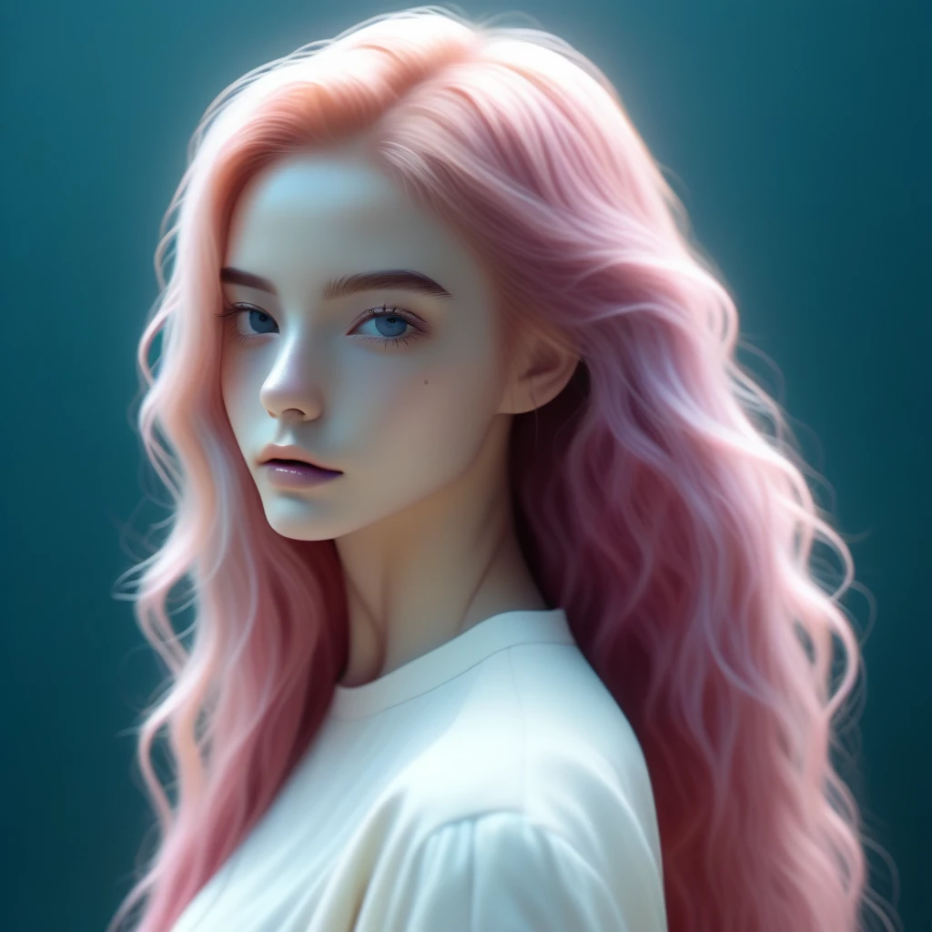 sexy cute pretty young girl,solo, portrait,Amaranth simple background,long wavy hair, Dirty iridescent pink hair, realistic, (masterpiece,best quality,niji style)