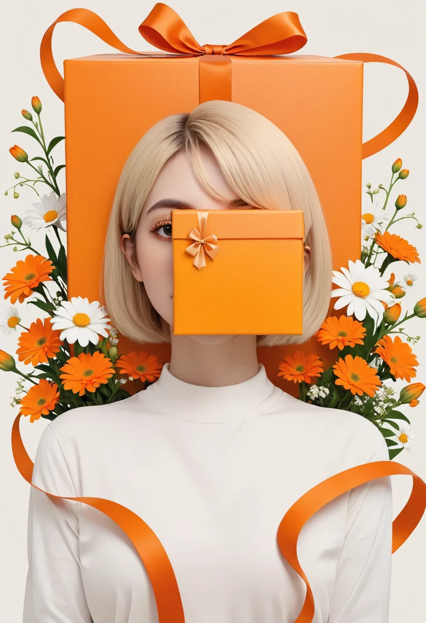 포스터 디자인，얼굴은 거대한 주황색 선물 상자입니다.，꽃들，리본，화이트 크루넥 셔츠，공상，미니멀리즘，공상，과학 기술，Hayv Kahraman 스타일로
