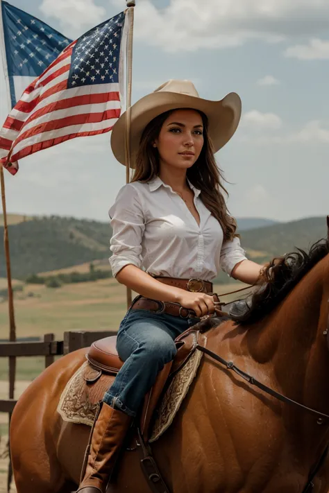 beautiful woman riding horseback, horse riding, cowgirl hat, carrying the american flag, patriotic, fourth of july