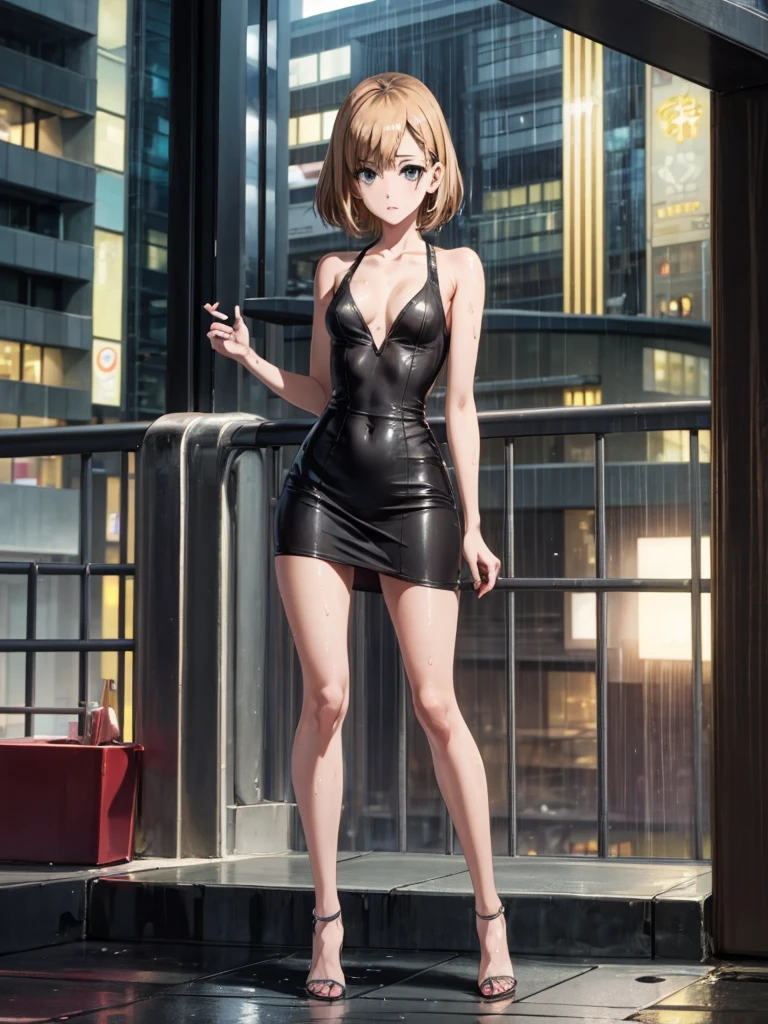 Girl, short tight dress , You can see her breasts, Skyscraper balcony  background, openlegs, night, Bare chest, small breast, slim body, Stiletto Shoes, wet body, Wet hair, rain, tokyo, 