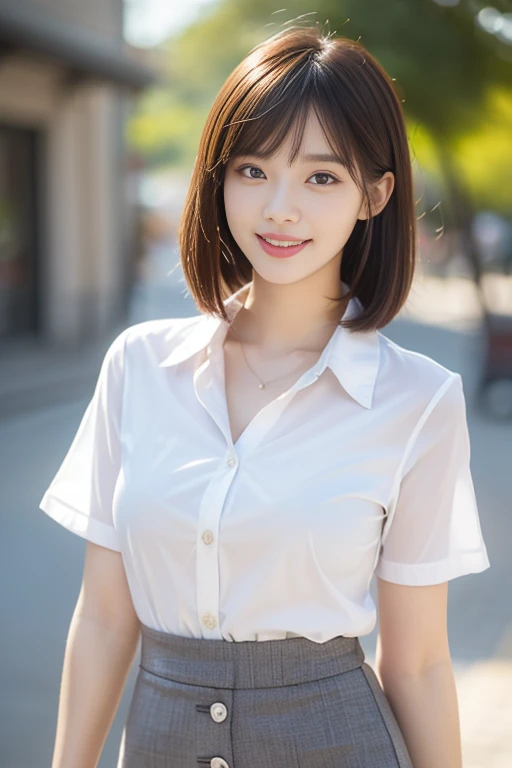 (A gorgeous Chinese office lady, age 22, wearing formal office attire, short-sleeve white shirt with collar and buttons, grey pencil skirt, walking in morning dawn, friendly and kind expression, gentle smile, dimpled smile, cute snaggle-tooth, Korean Bob Haircut Side-Bangs-Sophistication, symmetrical face, beautiful detailed face, bright_and_full_of_warmth_eyes, detailed eyes, ample round bosom, photorealistic, hyper-realism, high contrast, ultra HD, realistic skin textures, top image quality, top-quality, super high resolution, fine details, very meticulously, masterpiece, head to knees, the Cowboy shot, romantic atmosphere, bokeh night background)