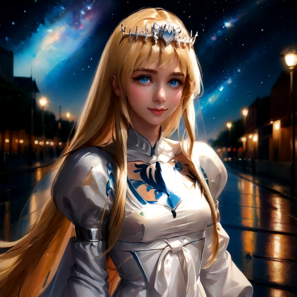 (masterpiece, top quality, best quality, official art, beautiful and aesthetic:1.2), (portrait picture, face zoom, portrait: 2), smiling, beautiful ), extreme detailed, (splash of paint:2), highest detailed, beautiful, masterpiece, perfect composition, perfect art, 8k, powerful, (intense:2),  anime style, realistic space, stars, atomic light, photons, 1girl,solo, calca, blonde hair, ,( extremely long hair:1.3), very long hair, extra long hair, white tiara, white dress, blue eyes,Calca Bessarez, medium breast,Calca

