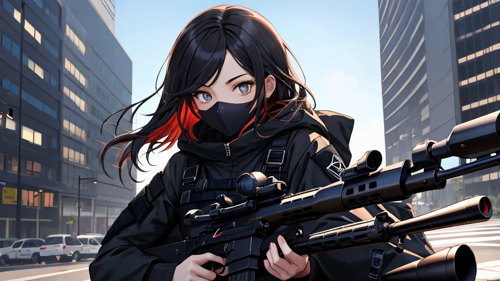 One wearing a black tactical outfit with a mask covering half of her face holding a sniper Aiming downwards 