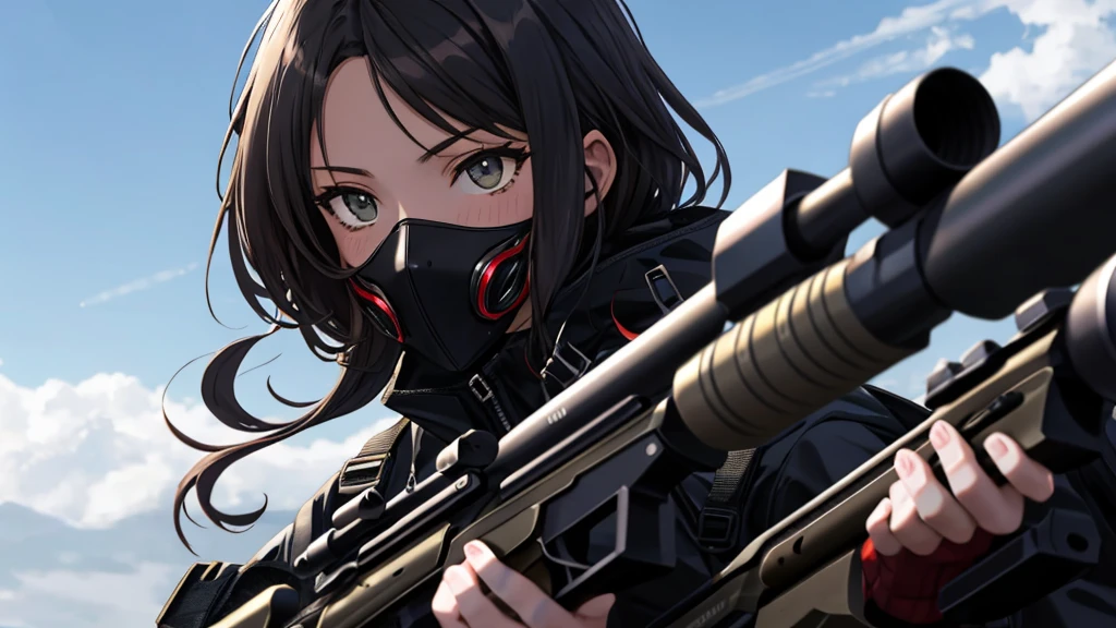One wearing a black tactical outfit with a mask covering half of her face holding a sniper Aiming downwards 