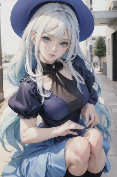 anime girl with white hair and blue eyes posing for a picture, my dress up darling anime, cute anime style, kawaii anime manga s...