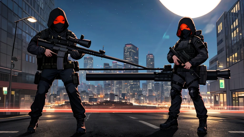 A full body view wearing a black tactical outfit with a mask covering half of his face holding a sniper Aiming down at night 
