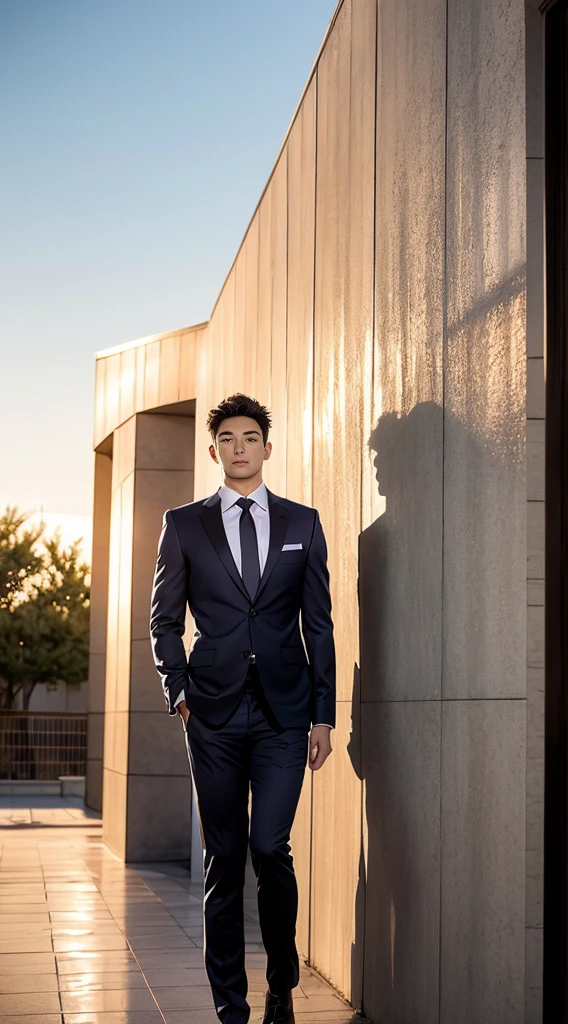 (realistically, Masterpiece, High resolution 8K, good light quality, Portrait, closed on face, complicated details), Handsome Korean Uncle (full body:1.2), Beard，Age 40, Staring at desire, detailed face, Detailed eyes, look at the sky, shirt, suit lac suit，tick,黑Eyes, (Pale skin), body standards,brown hair, smooth hair,Big Back， Outdoor activities, evening, sunset,office room, Exaggerated, impersonal