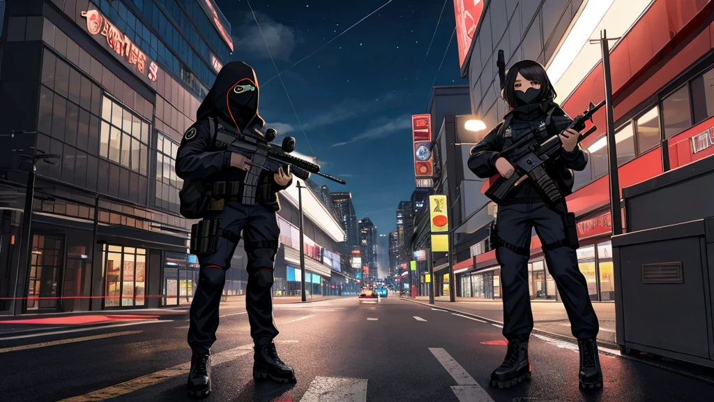 A full body view wearing a black tactical outfit with a mask covering half of his face holding a sniper Aiming down at night 