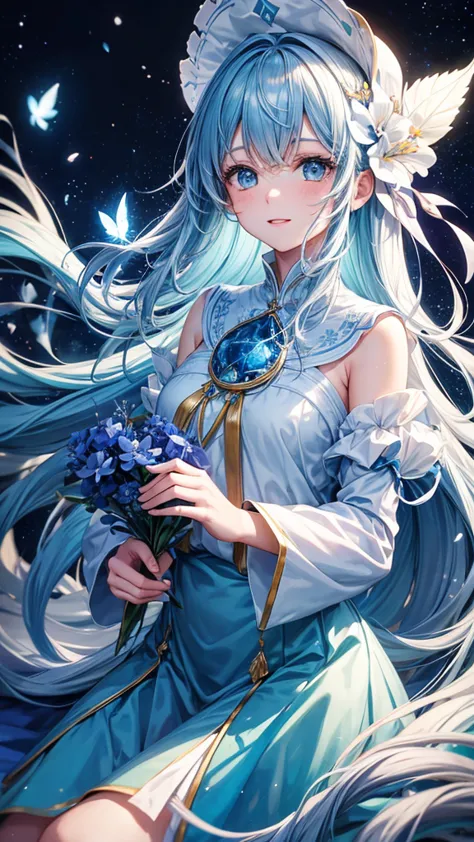 a young woman with long blue hair, wearing a white and blue winter outfit, sits on a branch with a large blue flower, her hand r...