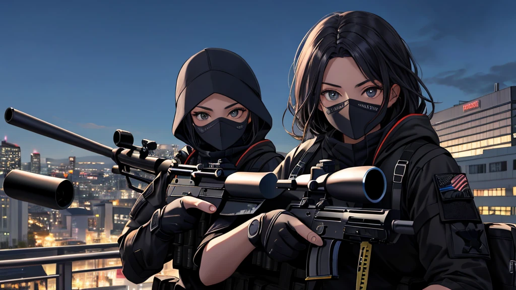 One wearing a black tactical outfit with a mask covering half of her face holding a sniper Aiming down at night 