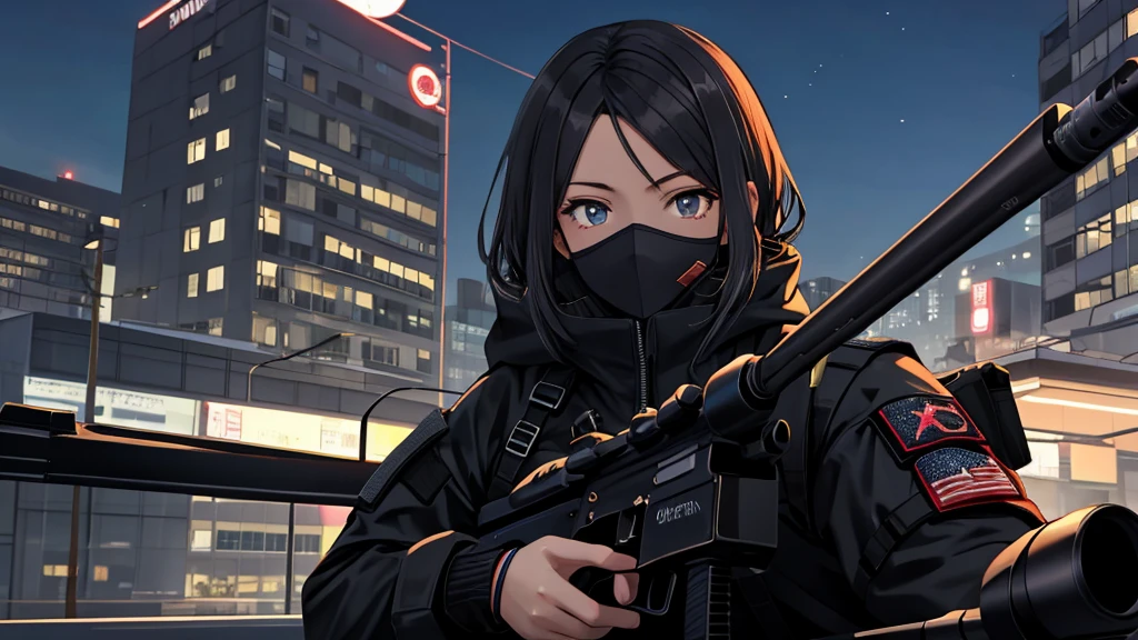 One wearing a black tactical outfit with a mask covering half of her face holding a sniper Aiming down at night 