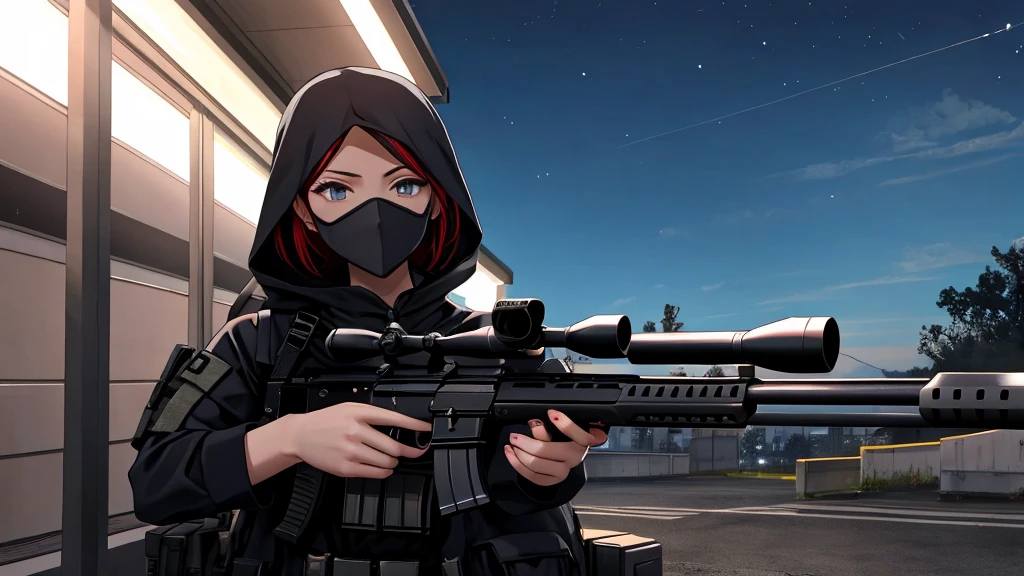 One wearing a black tactical outfit with a mask covering half of her face holding a sniper Aiming down at night 