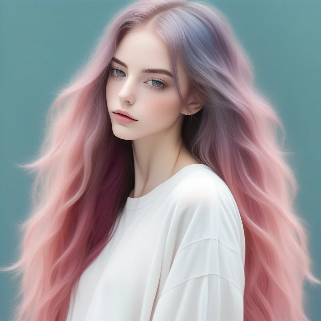 sexy cute pretty young girl,solo, portrait,Amaranth simple background,long wavy hair, Dirty iridescent pink hair, realistic, (masterpiece,best quality,niji style)