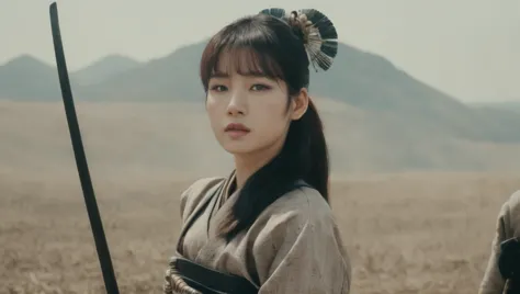 a shot from movie scene by akira kurosawa, lisa blackpink as beautiful ancient japanese female general on the battlefield