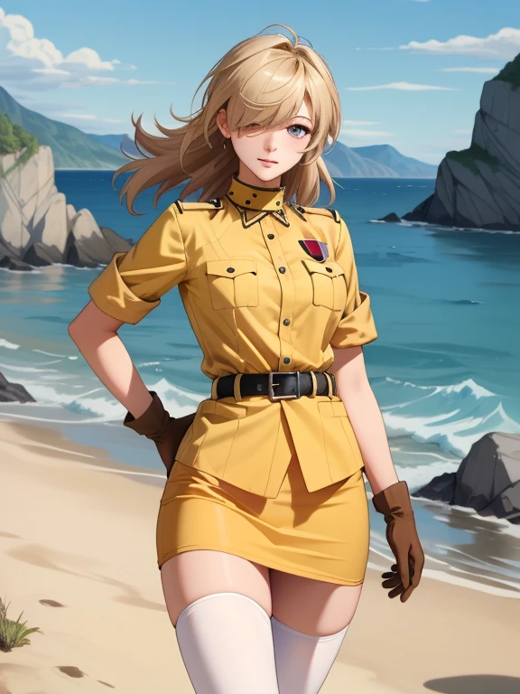 nsfw, (masterpiece, best quality),  intricate details,
1girl, seras victoria, hair over one eye, blue / red eyes, military uniform, yellow shirt, gloves, skirt, white thighhighs, belt, multiple views, scenery