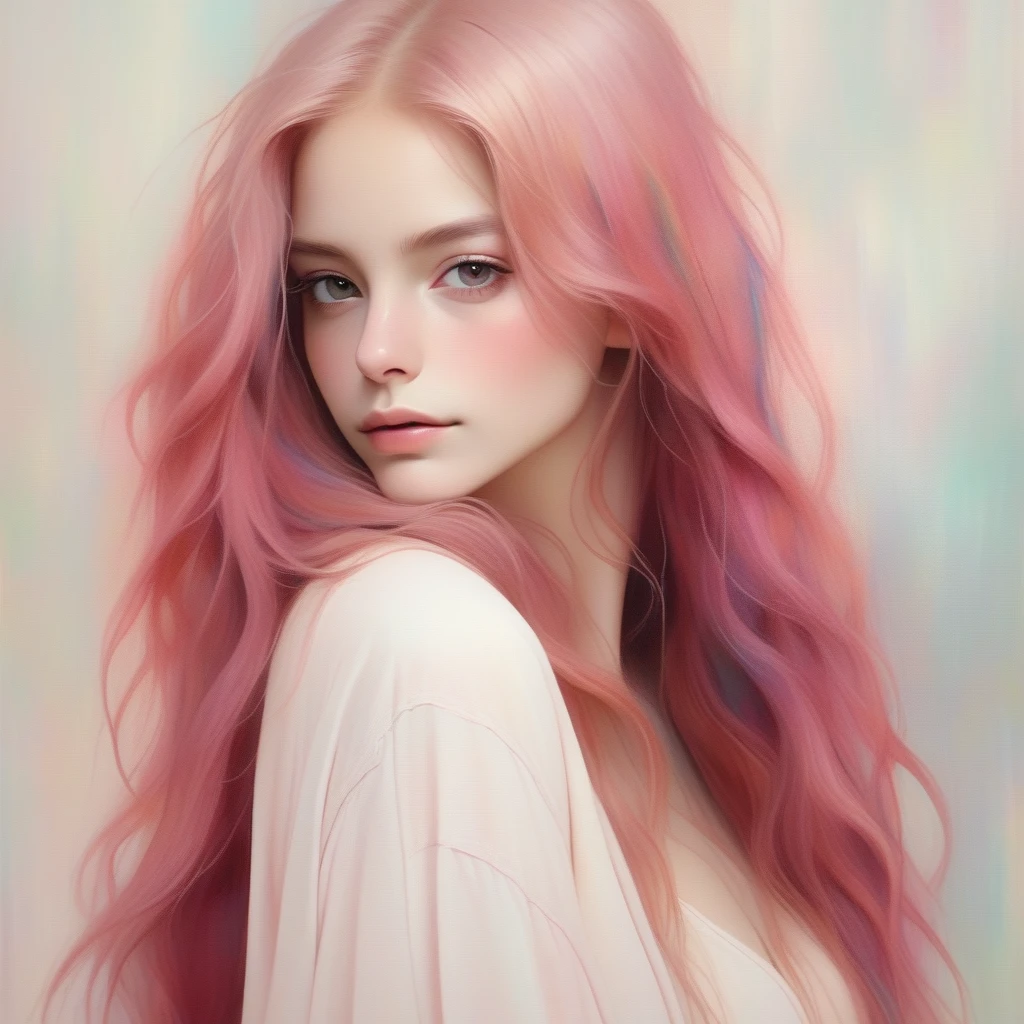 sexy cute pretty young girl,solo, portrait,Amaranth simple background,long wavy hair, Dirty iridescent pink hair, realistic, (masterpiece,best quality,niji style)