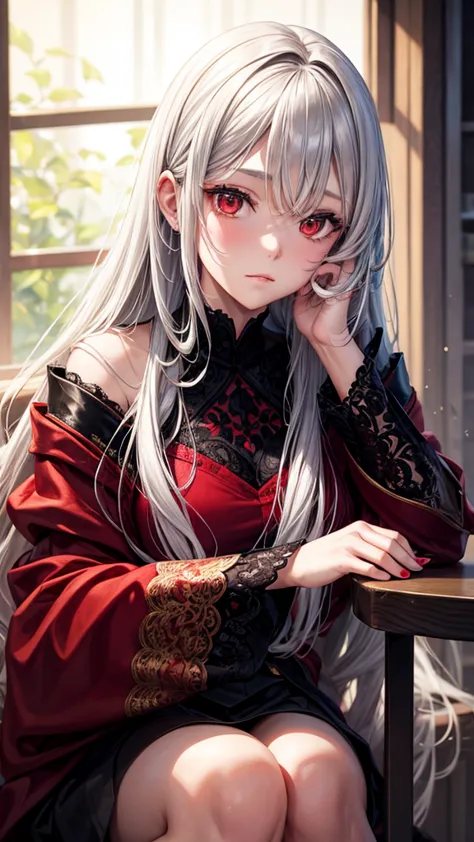 A young woman with long, flowing silver hair and piercing red eyes sits with her chin resting on her hand, gazing thoughtfully a...