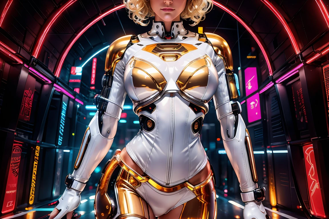 Amber Valletta , perfect body, beautiful short curly blonde hair, white cyber lingerie, White leather jacket, looking to the camera, realistic masterpiece of detailed muscles, active pose, action pose, Led light |, gold pieces, Stripe, short hair,The night under the neon rain, Interstellar space background, cyberpunk style