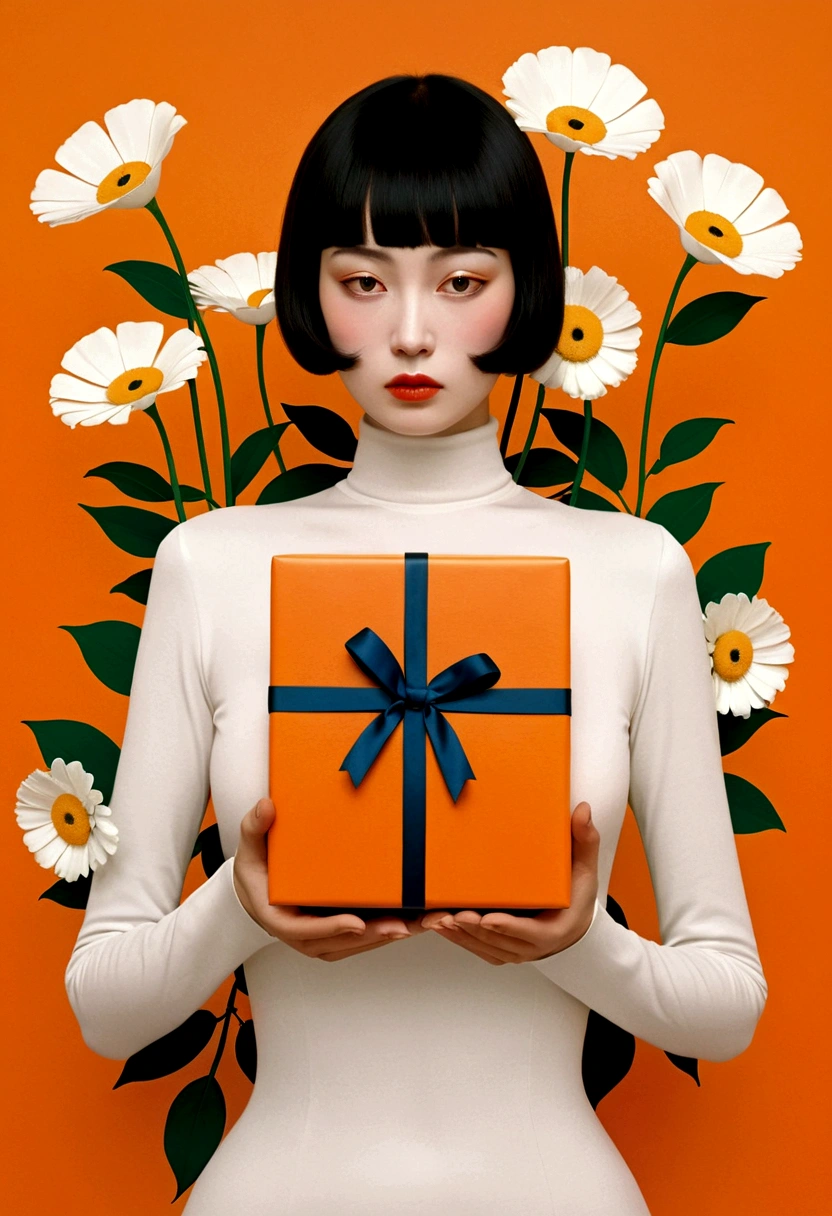 Magazin für Plakatgestaltung, Gesicht ist eine riesige orange Geschenkbox, Blumen, Bänder, Weißer Rollkragenpullover, Fantasie, Minimalistisch, Fantasie, im Stil von Hayv Kahraman,ein wunderschönes Gemälde von Yayoi Kusama,von Andrey Remnev,Modern Art,fantastischer Realismus,surreal,Ätherisch, Decopunk,Brustschuss(MCU),Nahaufnahme,